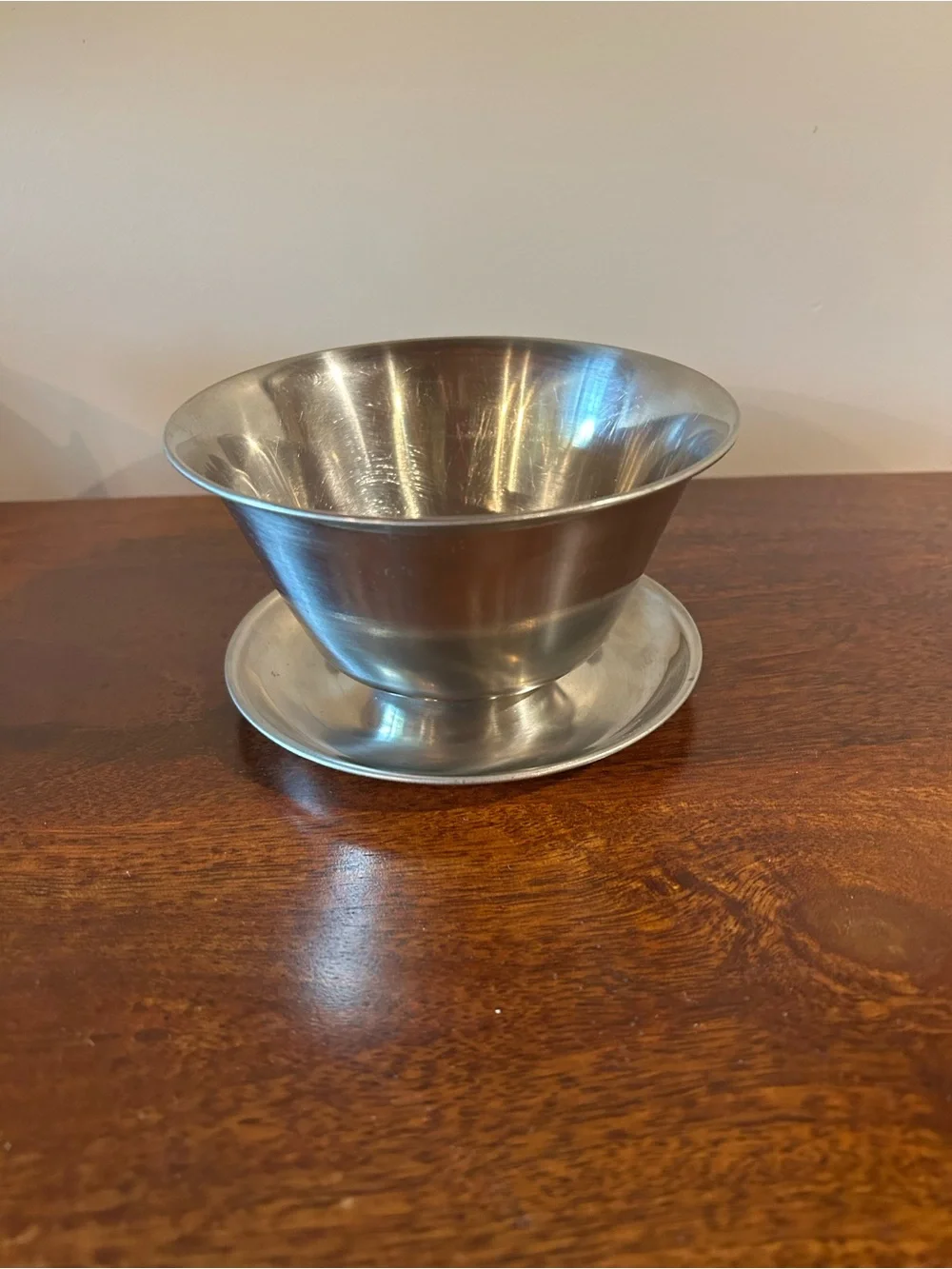 Stainless Steel Gravy Serving Bowl with attached Saucer -6” Leonard Denmark